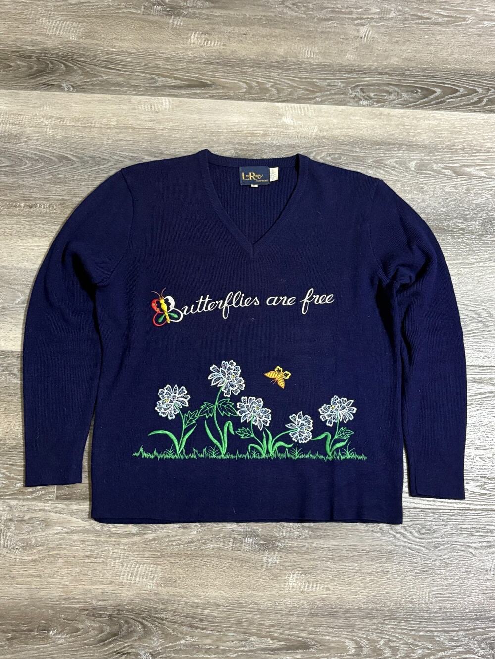 Vintage 90s LeRoy Butterflies Are Free Knit V-Neck Sweater Preppy - Women’s XL